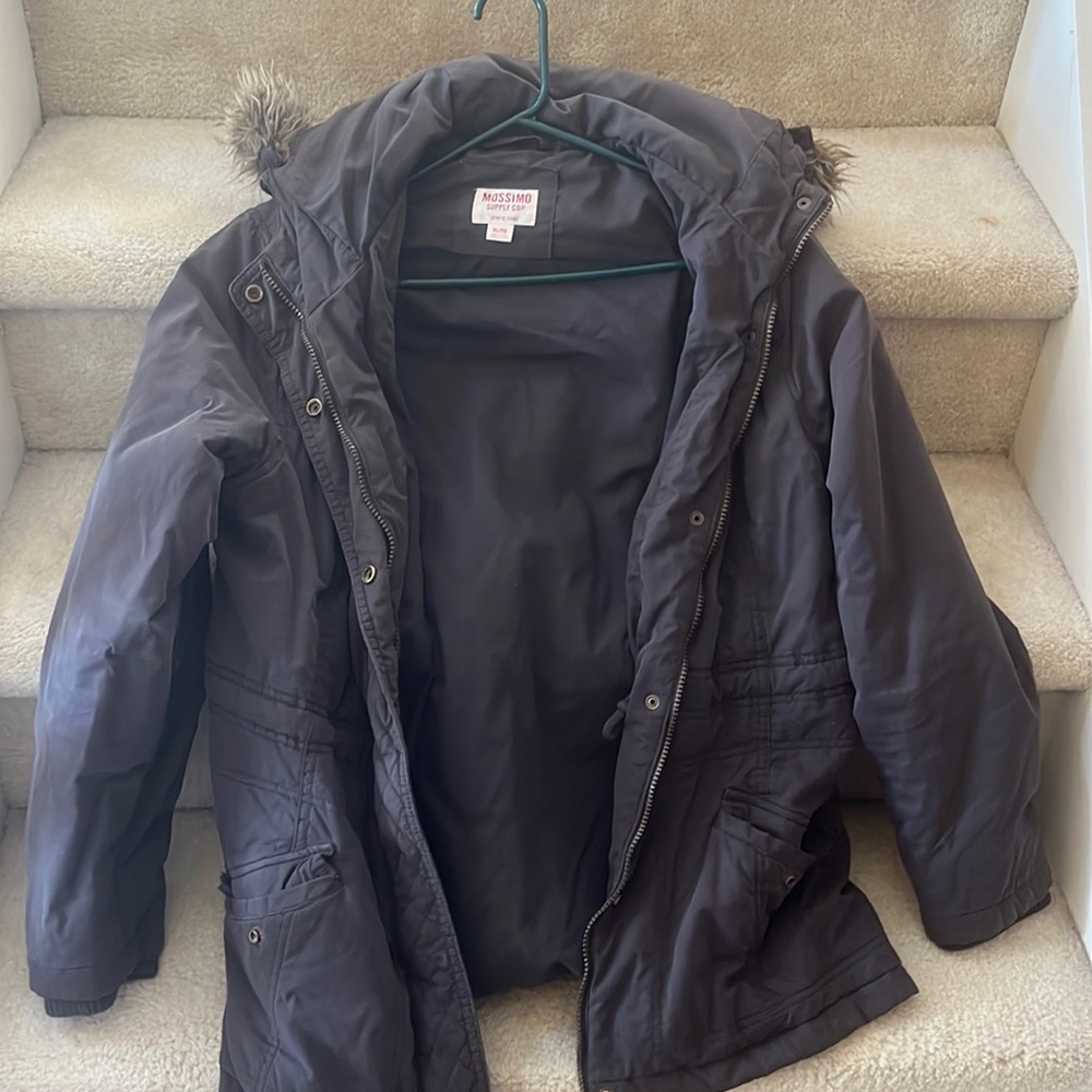 Grey winter coat with faux fur lined hood